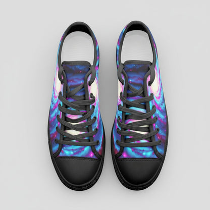 Freaky Shoes® Galaxy Twist low-top canvas sneakers with vibrant blue and purple nebula print and black laces.