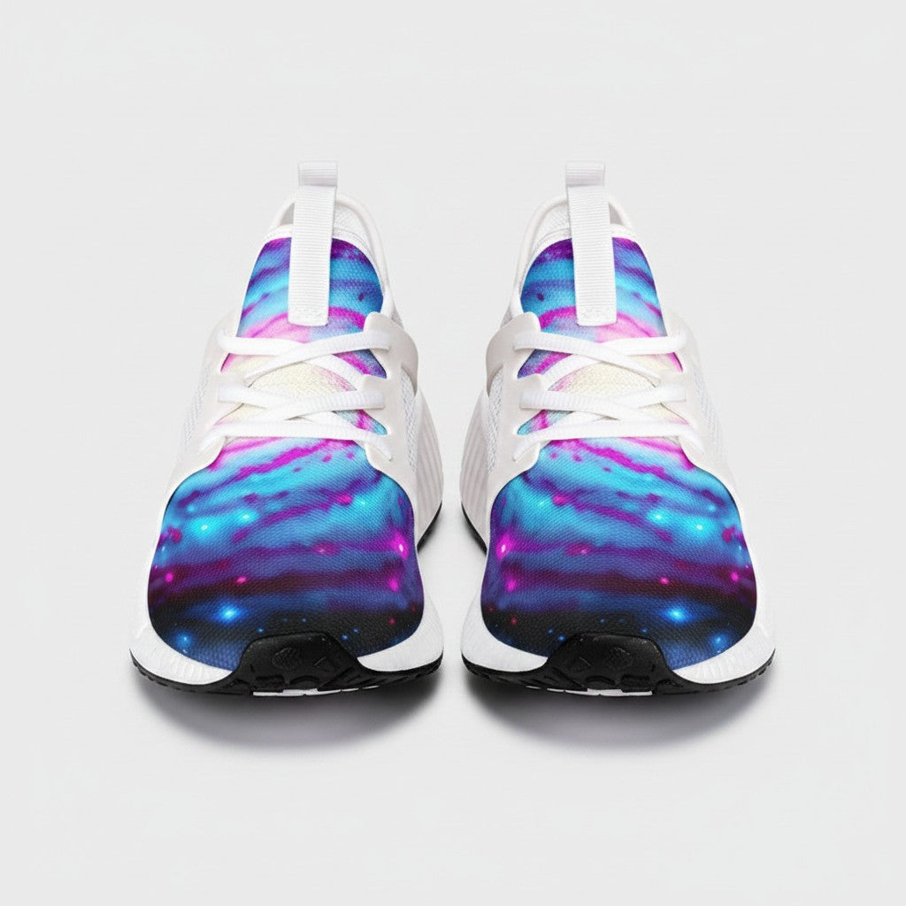 Freaky Shoes® Galaxy Twist high-top canvas sneakers featuring a vibrant blue and pink nebula space print.