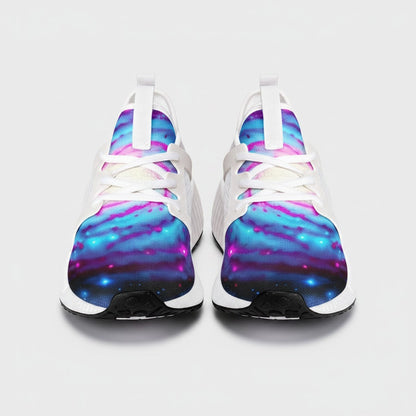 Freaky Shoes® Galaxy Twist high-top canvas sneakers featuring a vibrant blue and pink nebula space print.