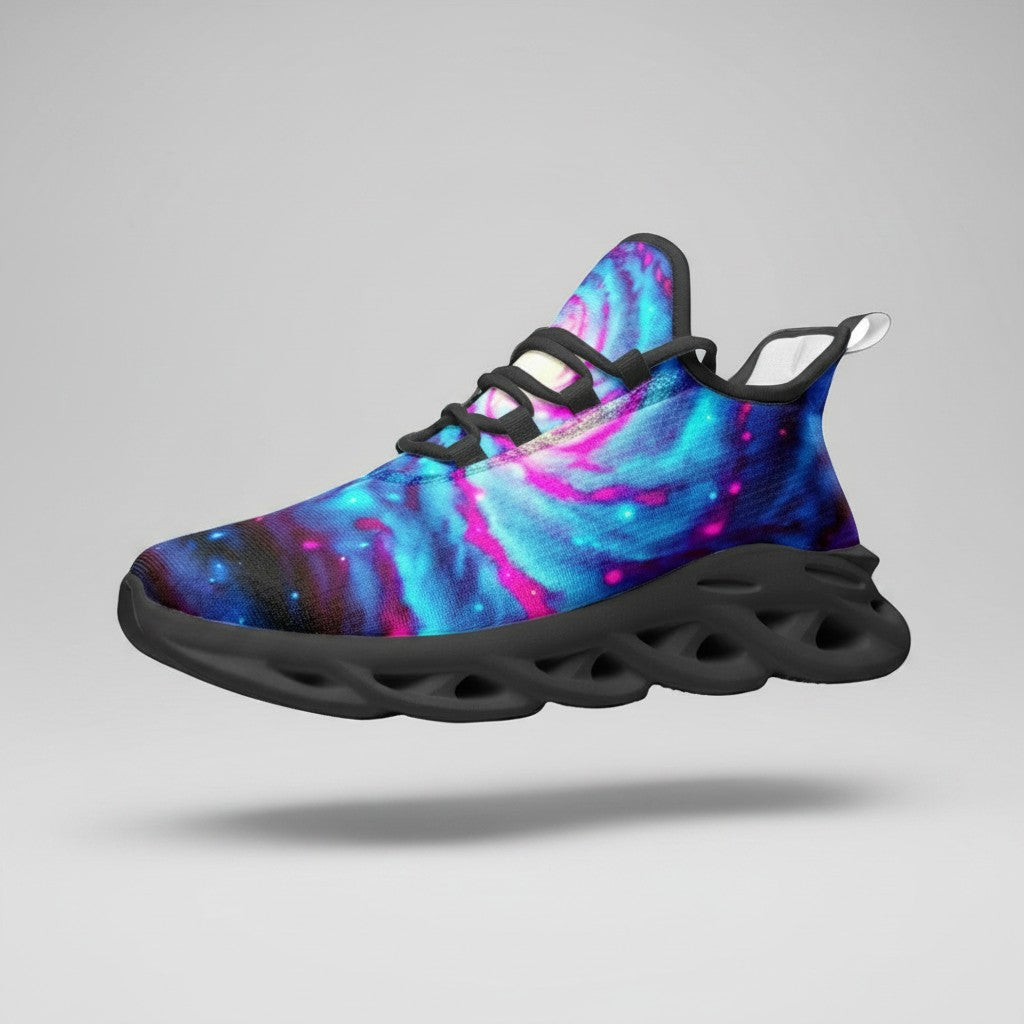 Freaky Shoes® Galaxy Twist high-top canvas sneakers featuring a vibrant blue and pink nebula print and black sole.