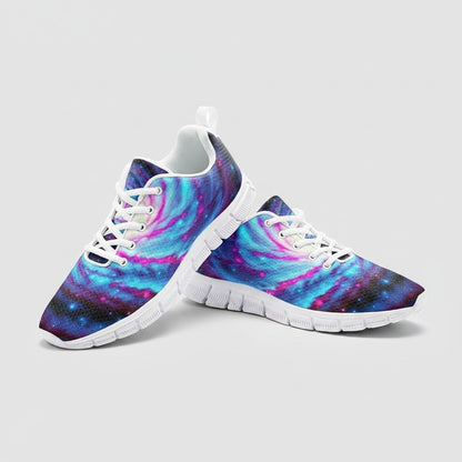 Freaky Shoes® Galaxy Twist high-top canvas sneakers with vibrant blue and pink nebula print and white lace-up closure.
