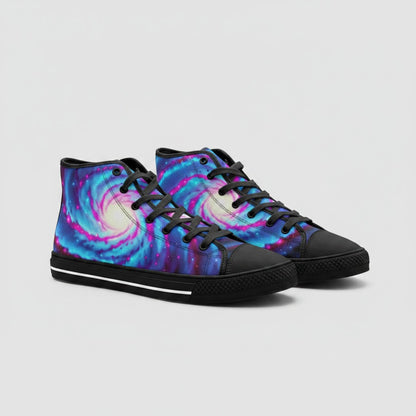 Freaky Shoes® Galaxy Twist high-top canvas sneakers featuring a vibrant blue and pink swirling nebula galaxy print.