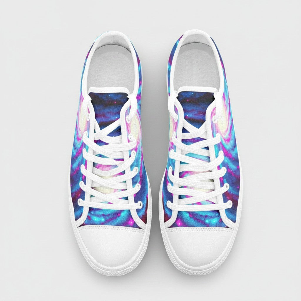 Freaky Shoes® Galaxy Twist low-top canvas sneakers featuring a vibrant blue and purple nebula space print