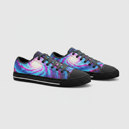 Freaky Shoes® Galaxy Twist low-top canvas sneakers featuring a vibrant blue and pink swirling nebula print.