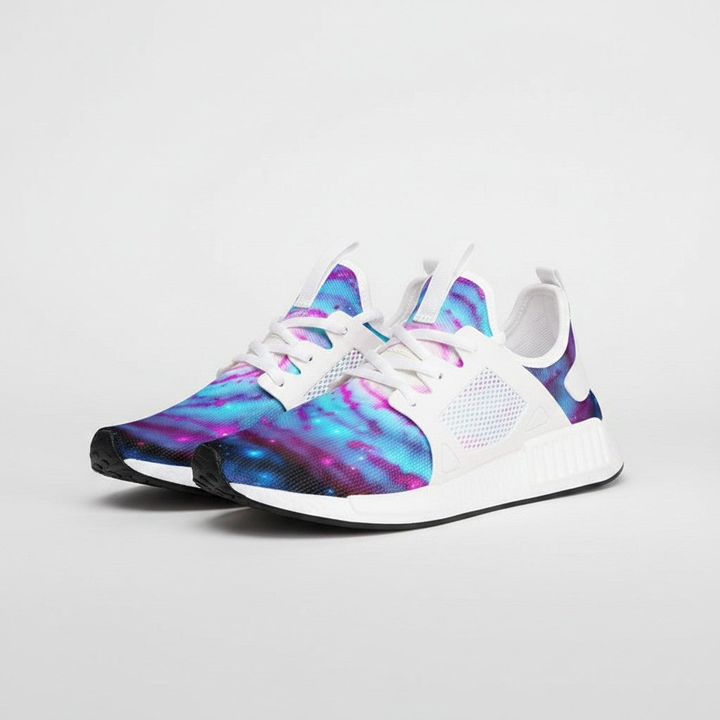 Freaky Shoes® Galaxy Twist high-top sneakers featuring a vibrant blue and purple nebula print on breathable canvas.