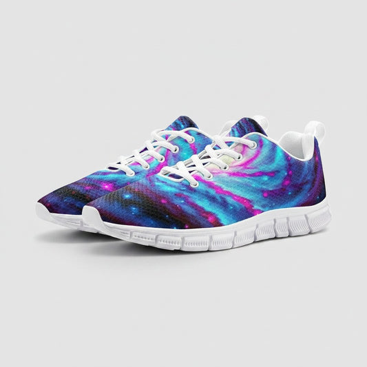 Freaky Shoes Galaxy Twist high-top canvas sneakers featuring a vibrant blue and pink swirling nebula space print.