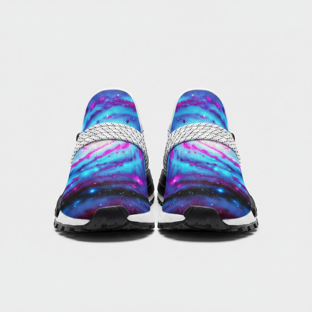 Freaky Shoes® Galaxy Twist high-top canvas sneakers featuring a vibrant blue and purple nebula space print