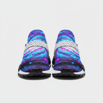 Freaky Shoes® Galaxy Twist high-top canvas sneakers featuring a vibrant blue and purple nebula space print