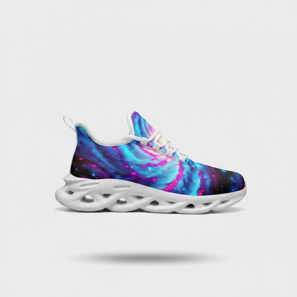 Freaky Shoes® Galaxy Twist high-top canvas sneakers with a vibrant blue and pink nebula print and white EVA sole.