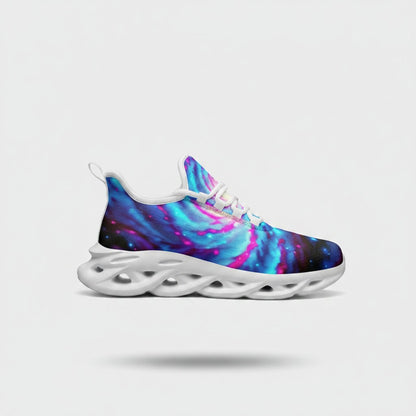 Freaky Shoes® Galaxy Twist high-top canvas sneakers with a vibrant blue and pink nebula print and white EVA sole.