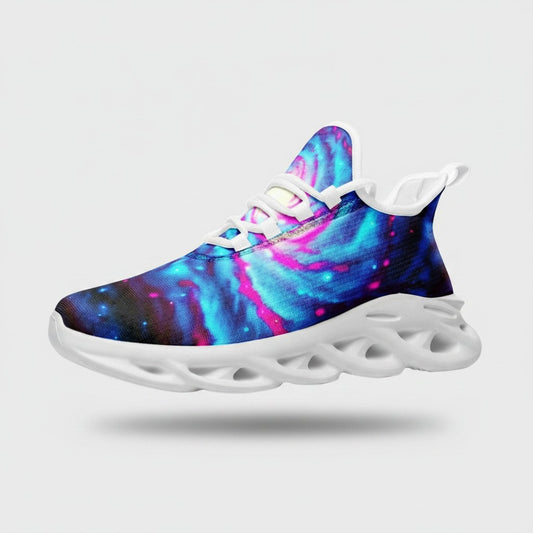 Freaky Shoes® Galaxy Twist high-top canvas sneakers featuring a vibrant blue and pink nebula print and white EVA sole.