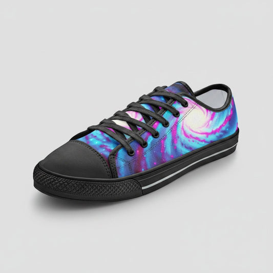Freaky Shoes® Galaxy Twist low-top canvas sneakers featuring a vibrant blue and pink swirling nebula space print.