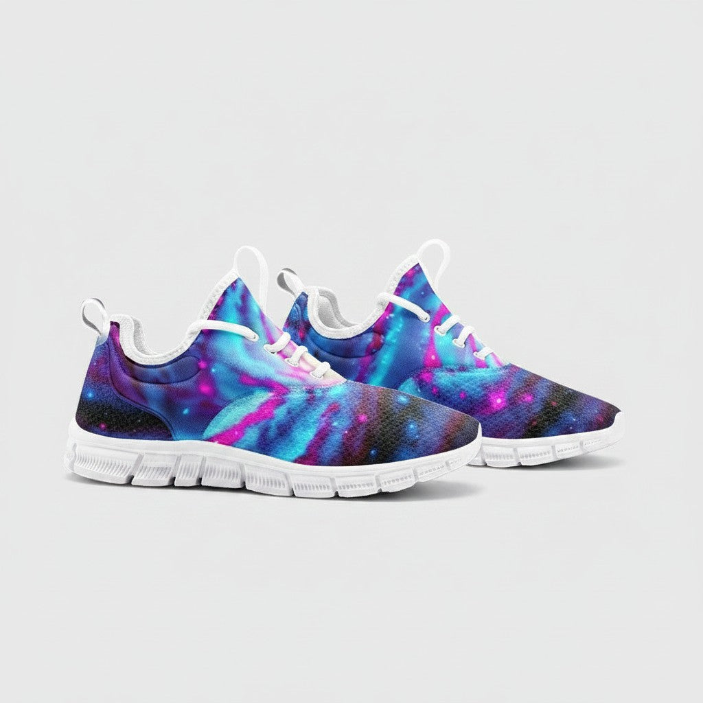 Freaky Shoes® Galaxy Twist high-top canvas sneakers featuring a vibrant blue and purple nebula print with white soles.