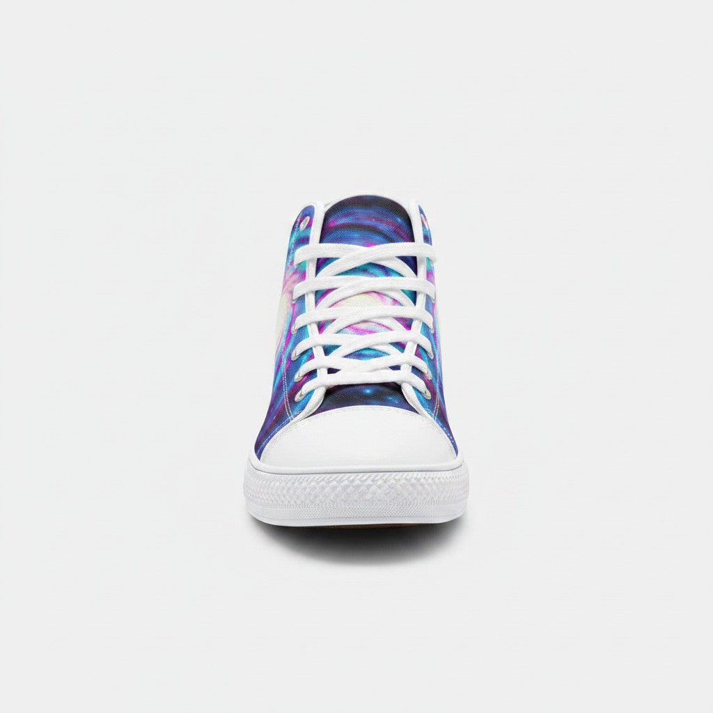 Freaky Shoes® Galaxy Twist high-top canvas sneakers featuring a vibrant purple and blue cosmic space print.