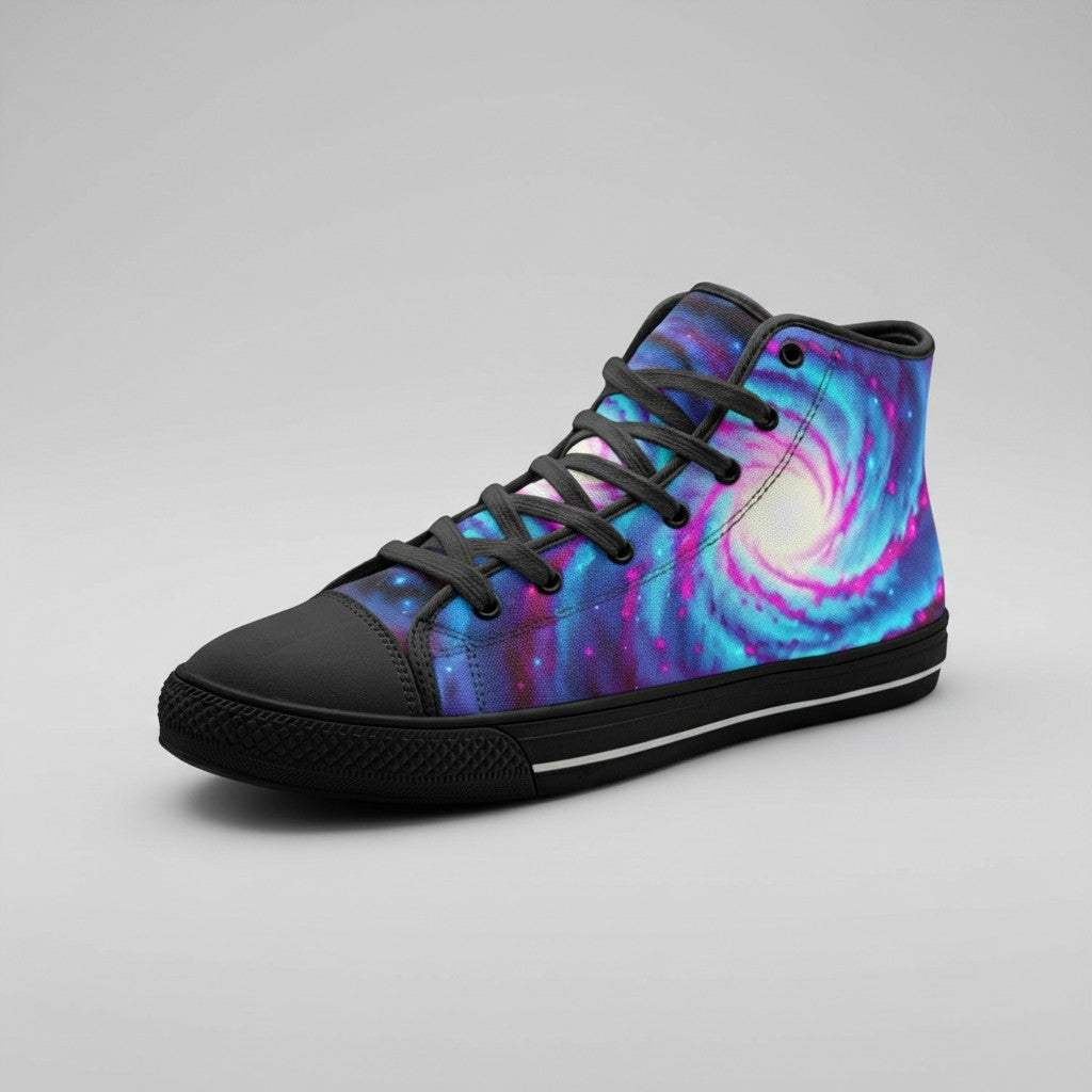 Freaky Shoes® Galaxy Twist high-top canvas sneakers featuring a vibrant blue and purple swirling nebula space print.