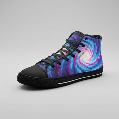 Freaky Shoes® Galaxy Twist high-top canvas sneakers featuring a vibrant blue and purple swirling nebula space print.