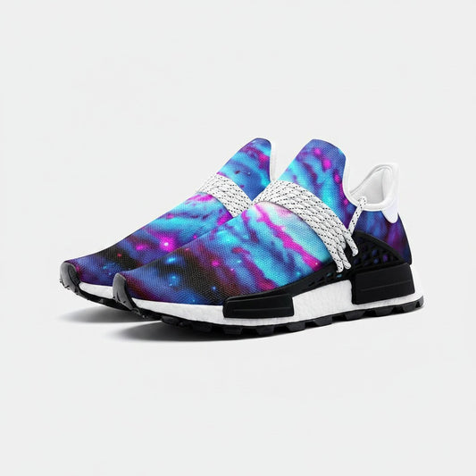 Freaky Shoes® Galaxy Twist high-top sneakers with vibrant blue and purple nebula print on breathable canvas fabric