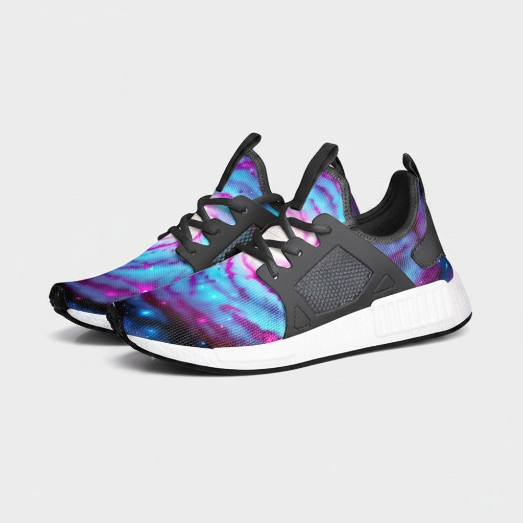 Freaky Shoes® Galaxy Twist high-top sneakers featuring a vibrant purple and blue cosmic nebula print on canvas.