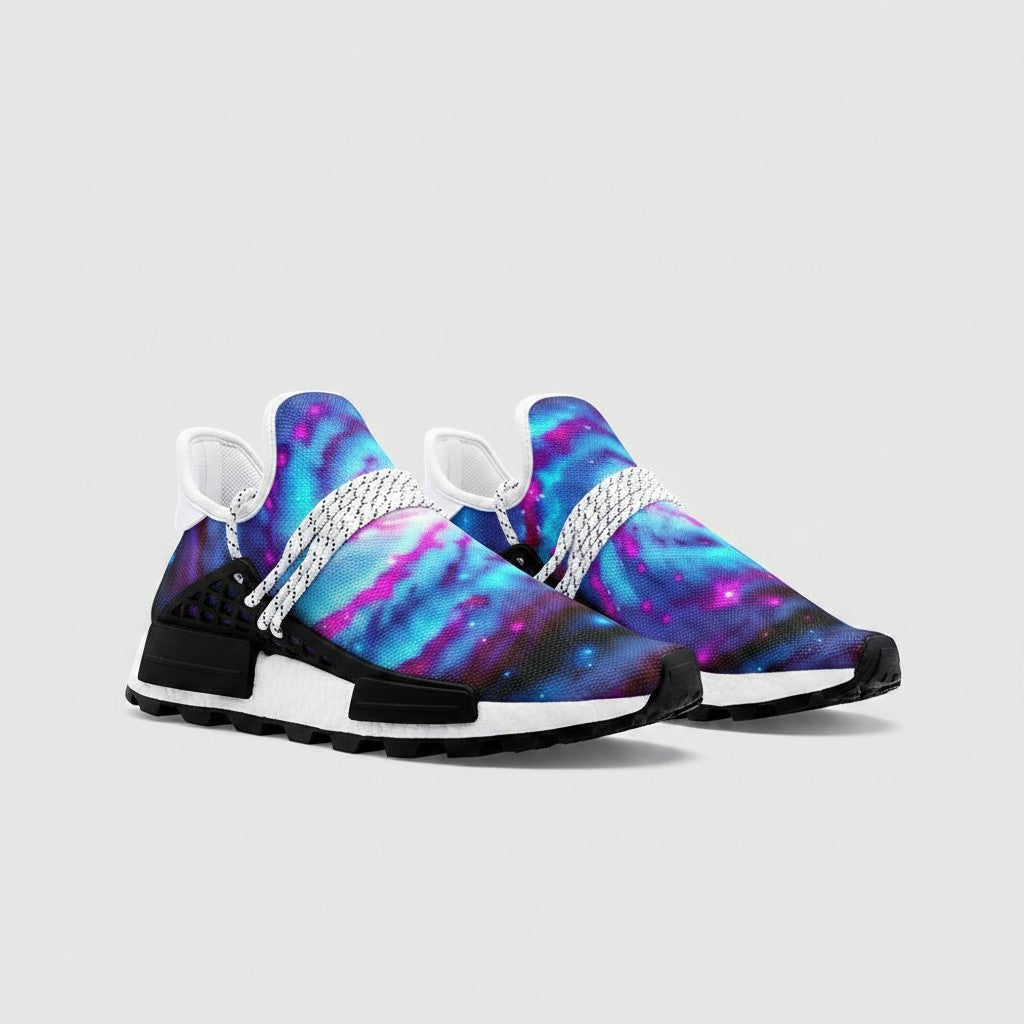 Freaky Shoes® Galaxy Twist high-top sneakers with vivid blue and purple nebula print and white lace-up detail.