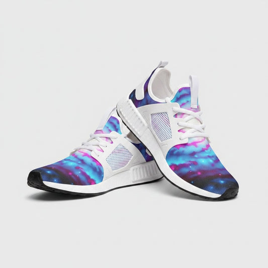 Freaky Shoes® Galaxy Twist high-top sneakers featuring a vibrant blue and purple nebula print on breathable canvas.