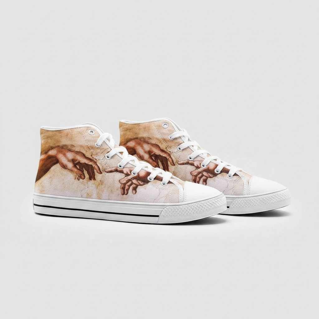 Freaky Shoes® God and Adam custom high-top canvas sneakers featuring The Creation of Adam art print.