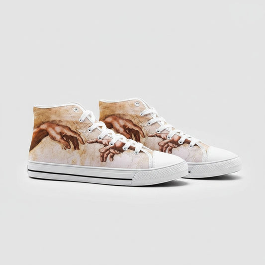 Freaky Shoes® God and Adam custom high-top canvas sneakers featuring The Creation of Adam art print.