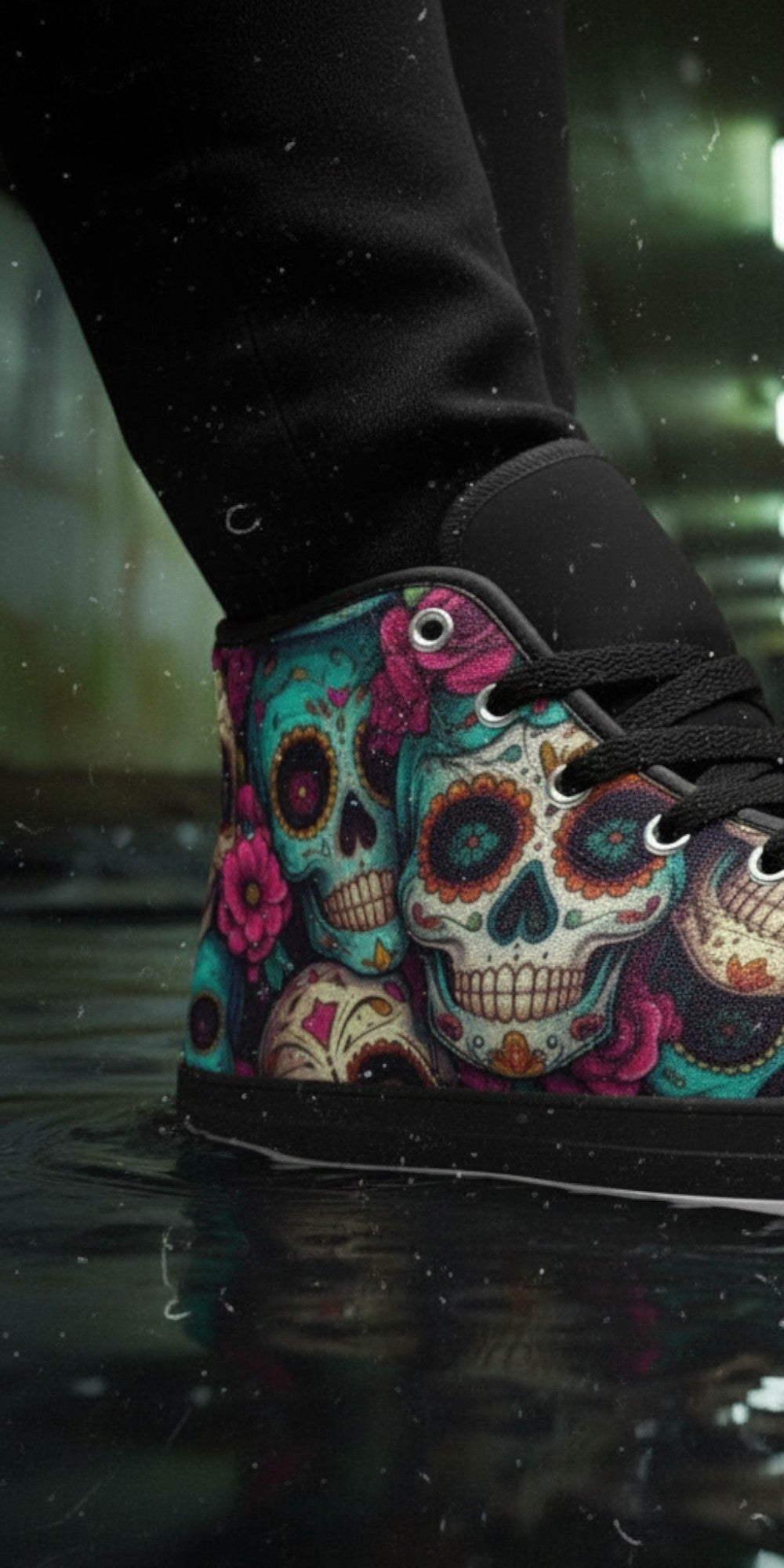 Freaky Shoes® men's high top canvas sneakers featuring a colorful gold sugar skull folk art print on a dark background