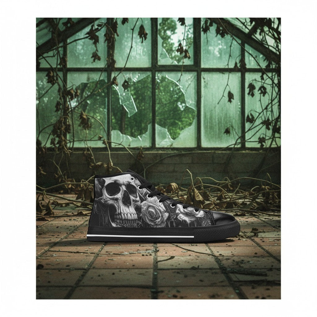 Women's Skull Goth Dark Art high-top canvas shoes — one-of-a-kind custom printed art, Freaky Shoes