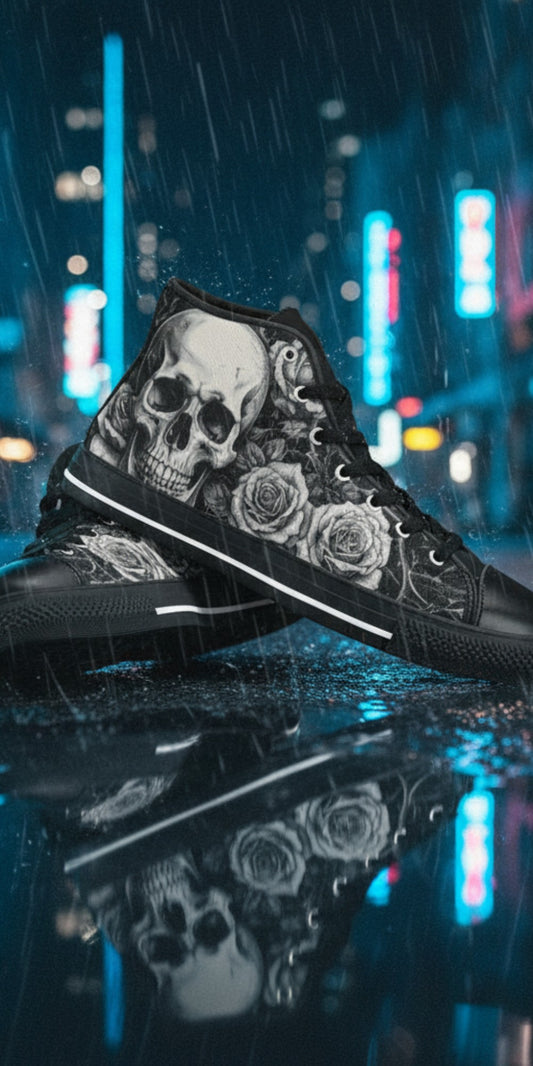 Freaky Shoes® high top canvas sneakers featuring a black and white skull and rose goth art design in the rain.