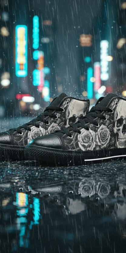 Custom Women's Dark Skull Goth Art high-top canvas shoes with bold all-over art — Freaky Shoes