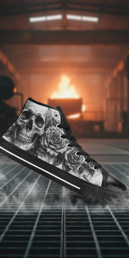Men's Goth Skull Art Dark Gothic high-top canvas shoes — one-of-a-kind custom printed art, Freaky Shoes