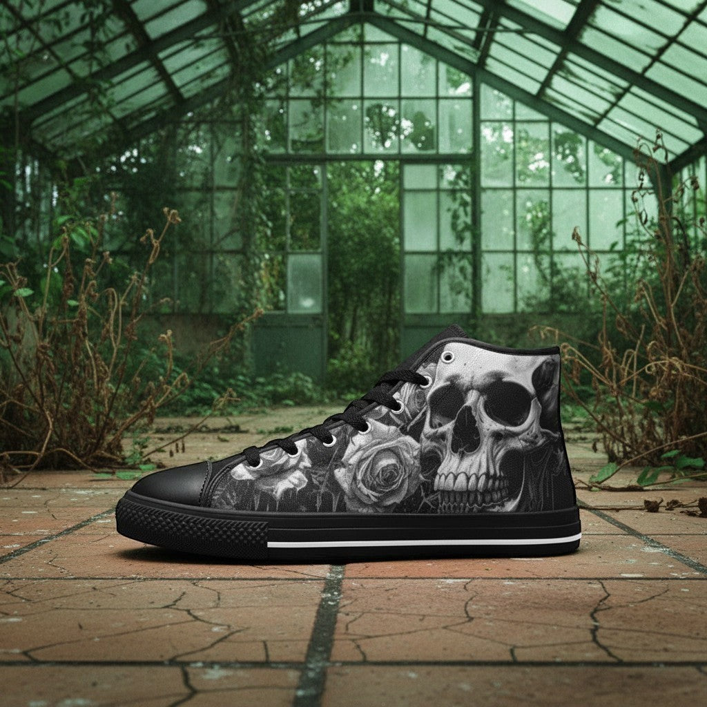 Women's Skull Goth Dark Art high-top canvas shoes, custom full-wrap printed design — Freaky Shoes