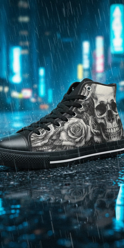 Women's Dark Skull Goth Art high-top canvas shoes, custom full-wrap printed design — Freaky Shoes