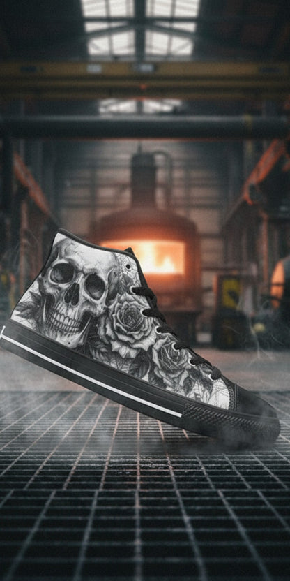 Men's Goth Skull Art Dark Gothic high-top canvas shoes, custom full-wrap printed design — Freaky Shoes