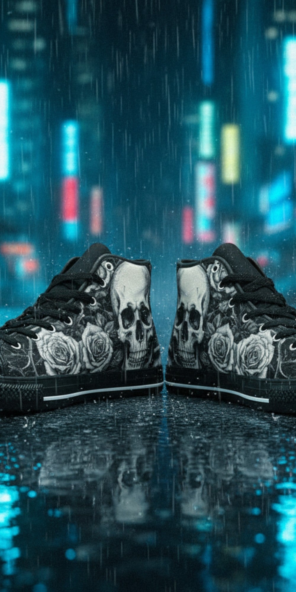 Women's Dark Skull Goth Art hand-made high-top canvas shoes — unique wearable art by Freaky Shoes