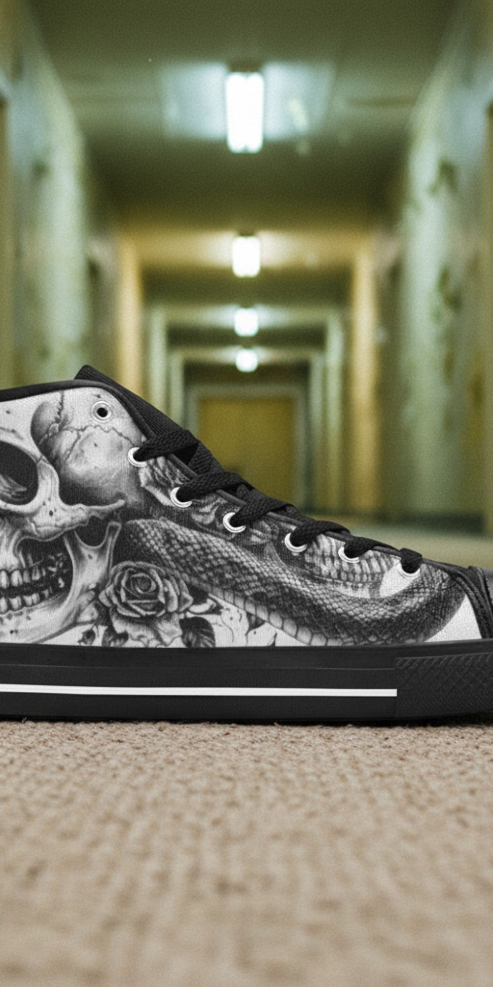 Men's Grey Skull Goth Dark high-top canvas shoes, custom full-wrap printed design — Freaky Shoes