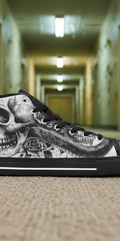 Men's Grey Skull Goth Dark high-top canvas shoes, custom full-wrap printed design — Freaky Shoes