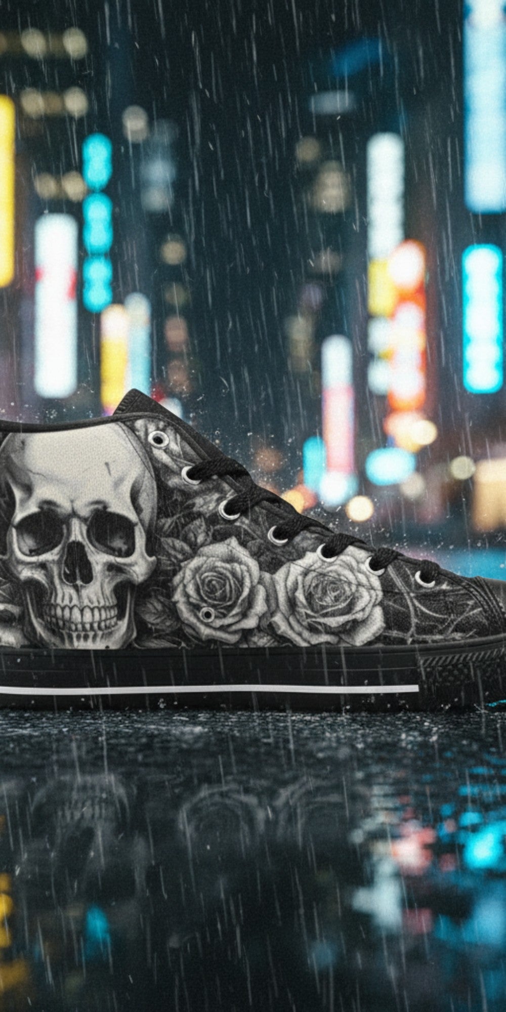 Women's Dark Skull Goth Art hand-made high-top canvas shoes — unique wearable art by Freaky Shoes