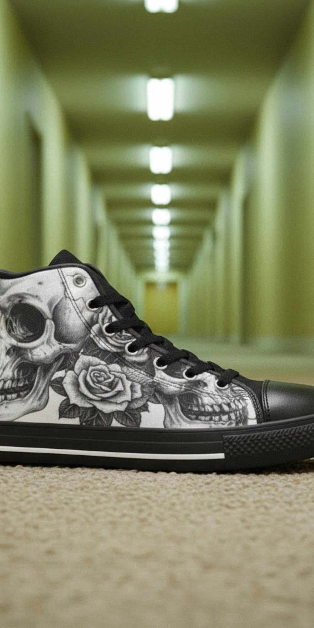 Custom Men's Grey Skull Goth Dark high-top canvas shoes with bold all-over art — Freaky Shoes