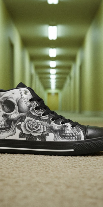 Custom Men's Grey Skull Goth Dark high-top canvas shoes with bold all-over art — Freaky Shoes