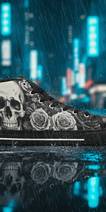 Women's Dark Skull Goth Art custom high-top canvas shoes — wearable art by Freaky Shoes