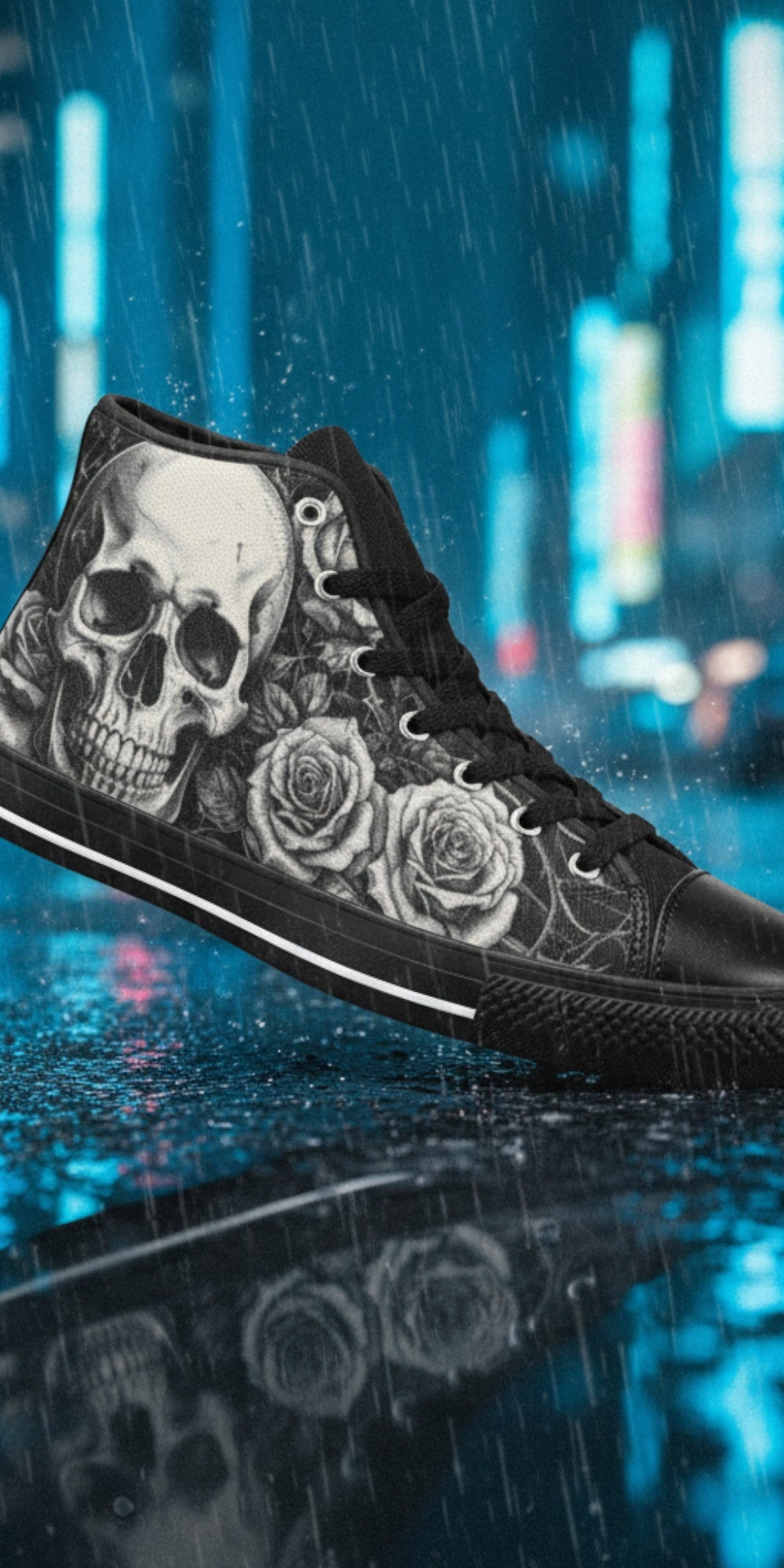 Custom Women's Dark Skull Goth Art high-top canvas shoes with bold all-over art — Freaky Shoes
