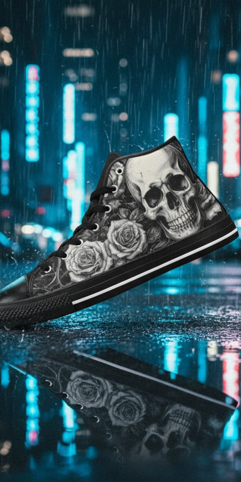 Women's Dark Skull Goth Art high-top canvas shoes — one-of-a-kind custom printed art, Freaky Shoes
