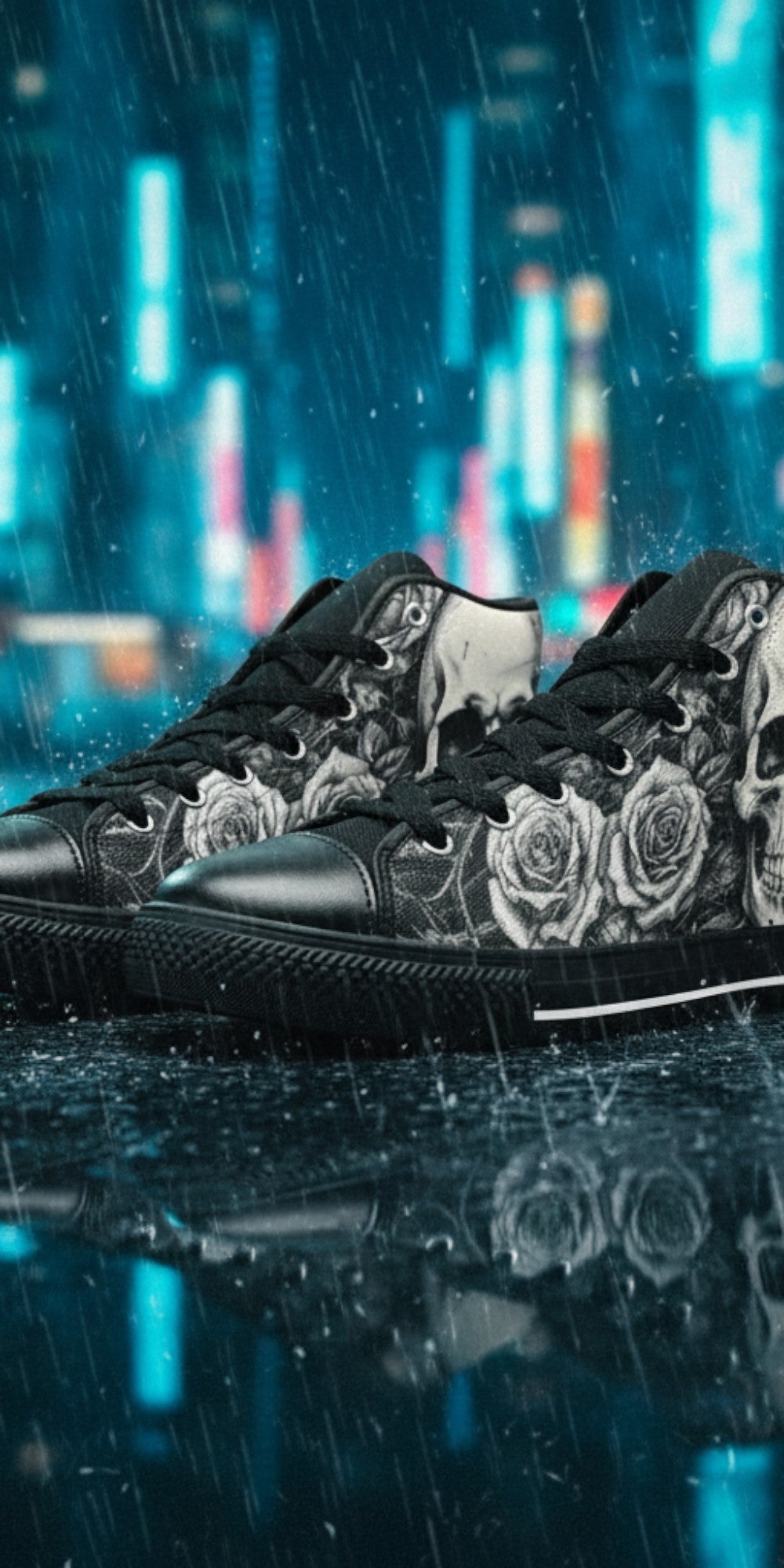 Custom Women's Dark Skull Goth Art high-top canvas shoes with bold all-over art — Freaky Shoes