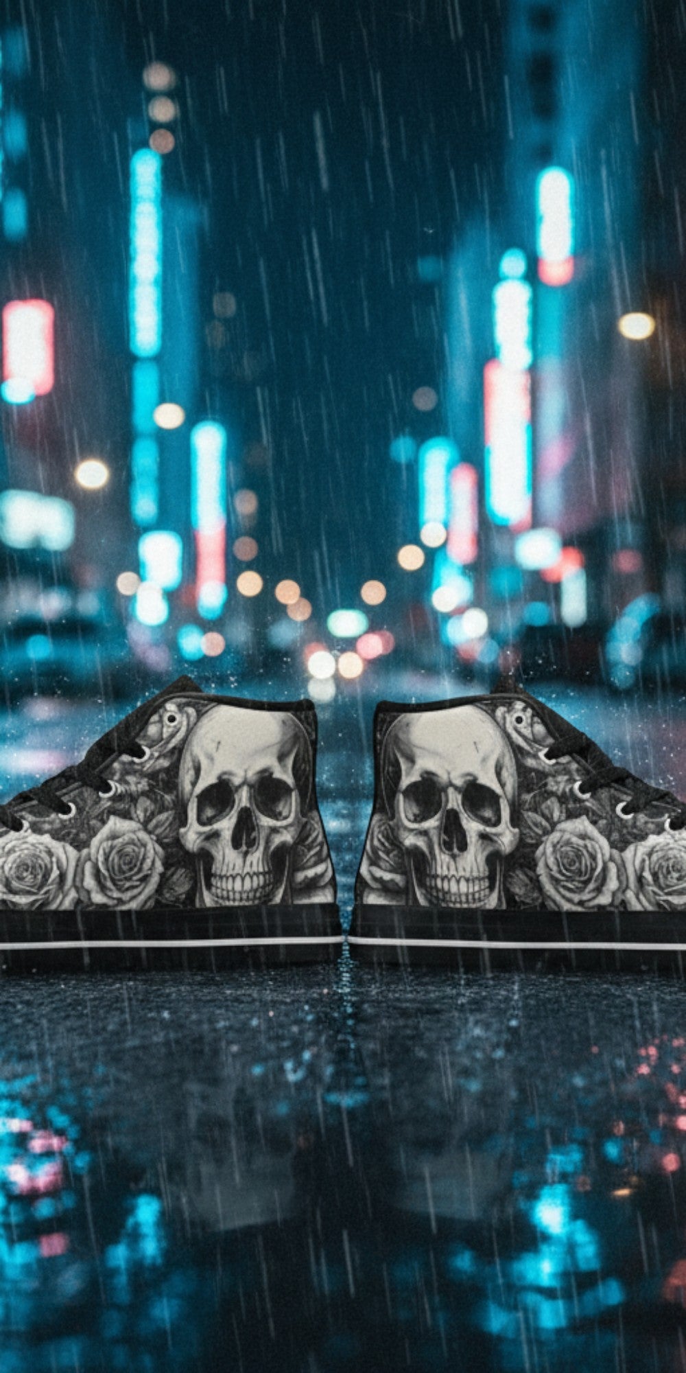 Women's Dark Skull Goth Art high-top canvas shoes, custom full-wrap printed design — Freaky Shoes