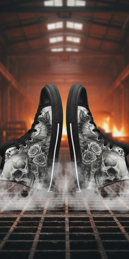 Men's Gothic Moon Skull Dark Art high-top canvas shoes, custom full-wrap printed design — Freaky Shoes