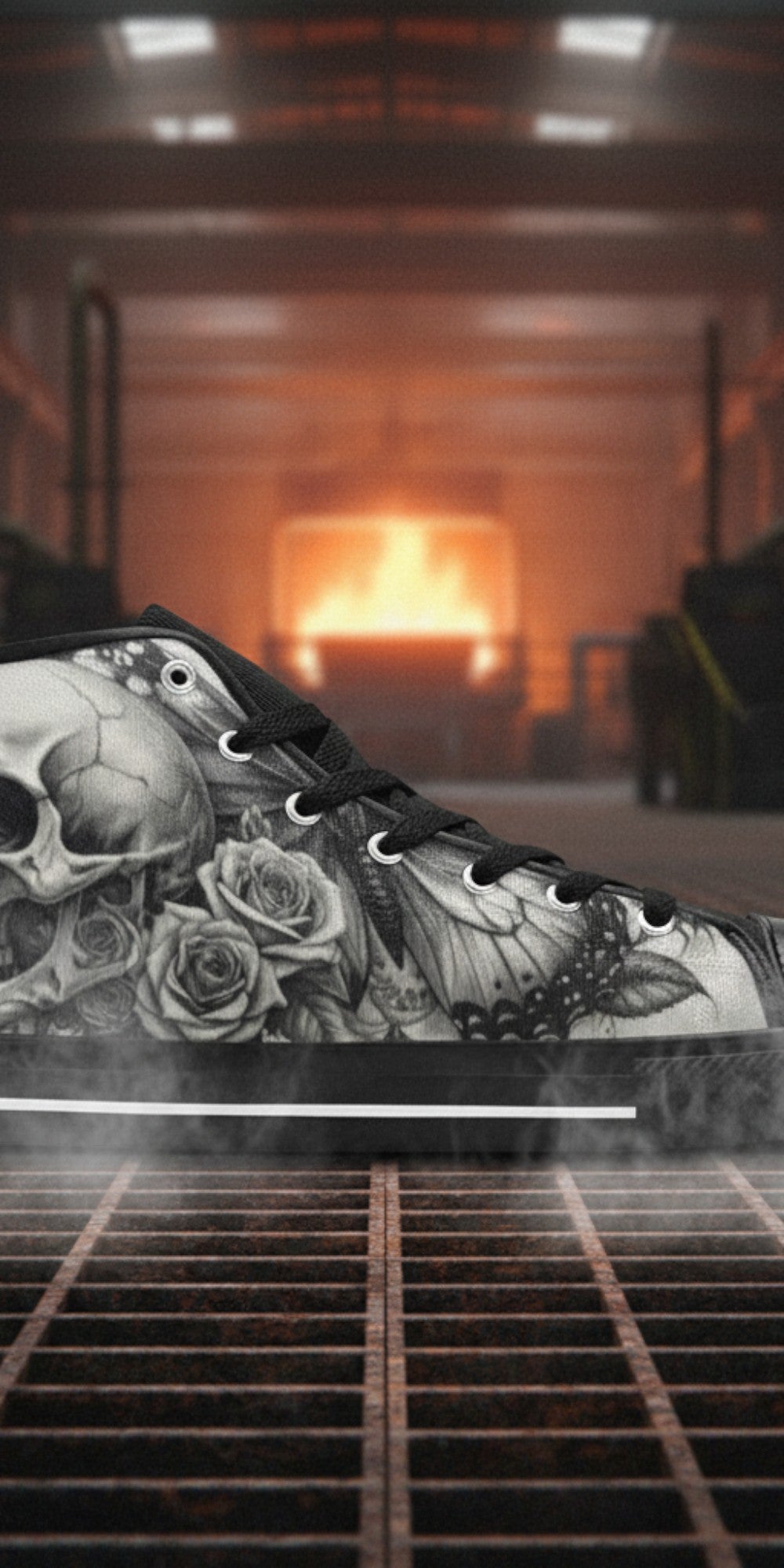 Men's Gothic Moon Skull Dark Art custom high-top canvas shoes — wearable art by Freaky Shoes