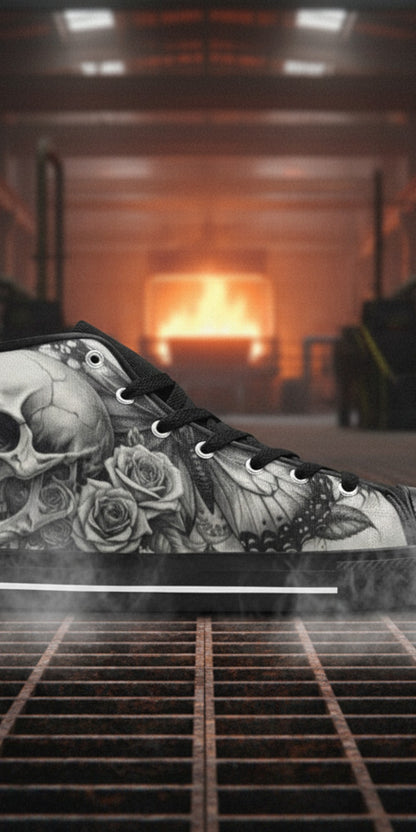 Men's Gothic Moon Skull Dark Art custom high-top canvas shoes — wearable art by Freaky Shoes