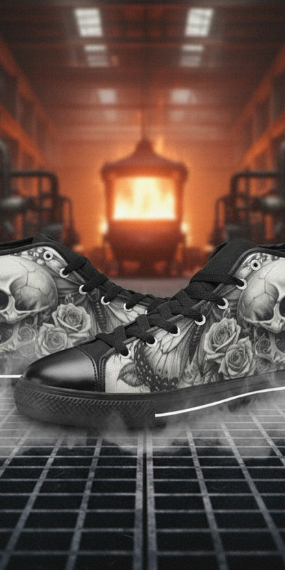 Custom Men's Gothic Moon Skull Dark Art high-top canvas shoes with bold all-over art — Freaky Shoes