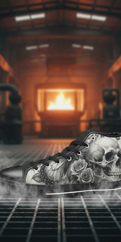 Men's Gothic Moon Skull Dark Art hand-made high-top canvas shoes — unique wearable art by Freaky Shoes